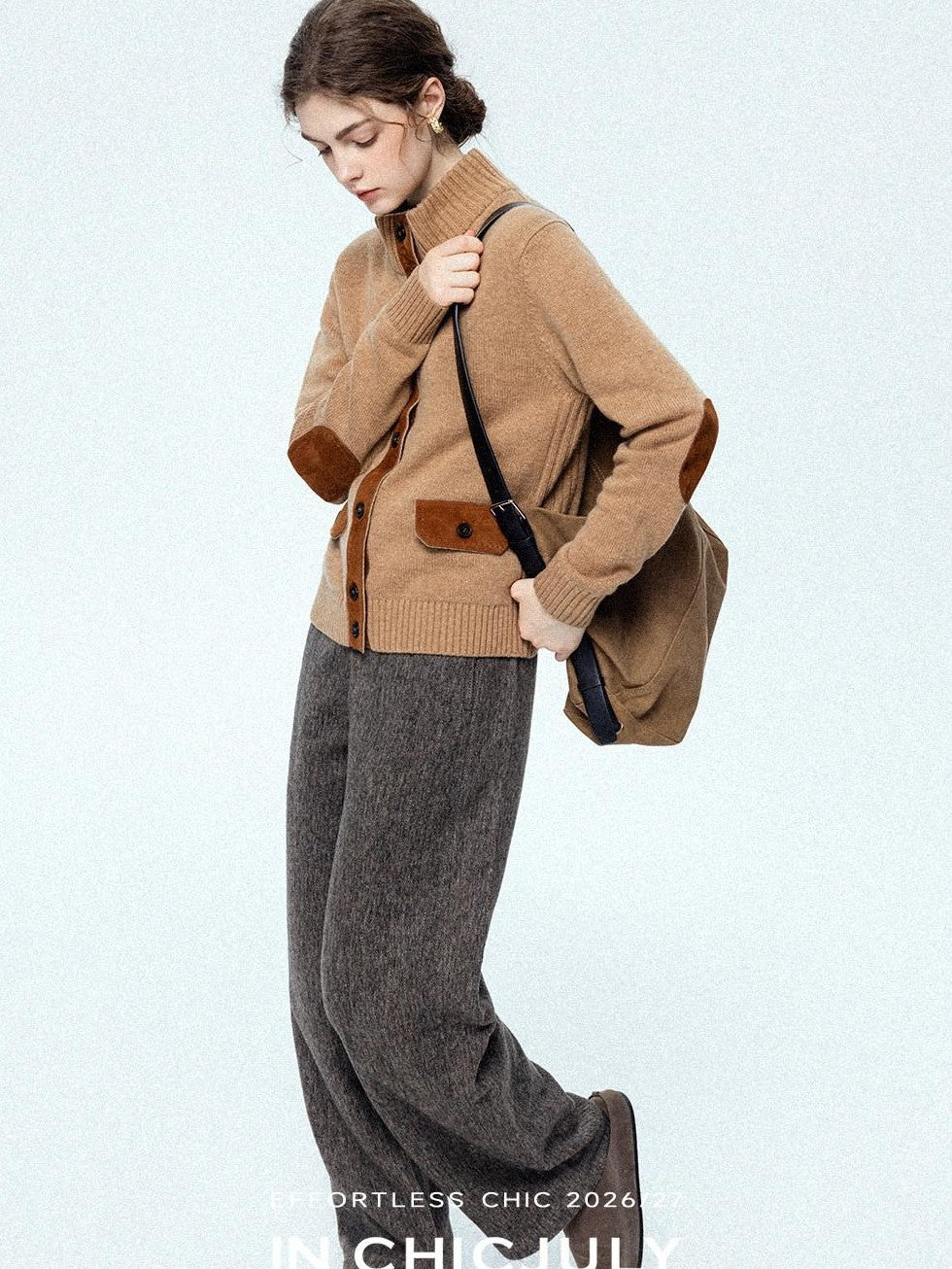 chicjuly Ebony Brown Snowflake Dot Draped Women's Wool Blend Casual Straight Pants