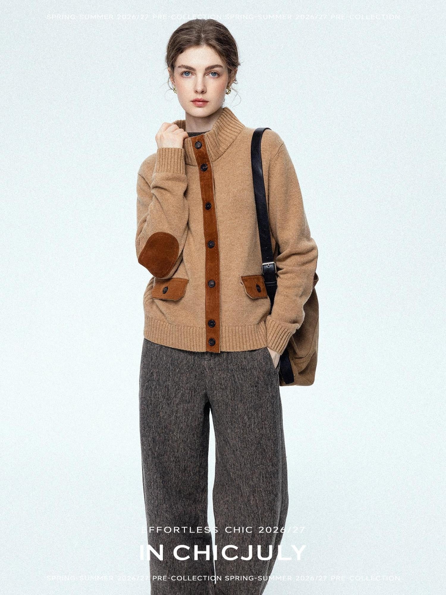 chicjuly Ebony Brown Snowflake Dot Draped Women's Wool Blend Casual Straight Pants