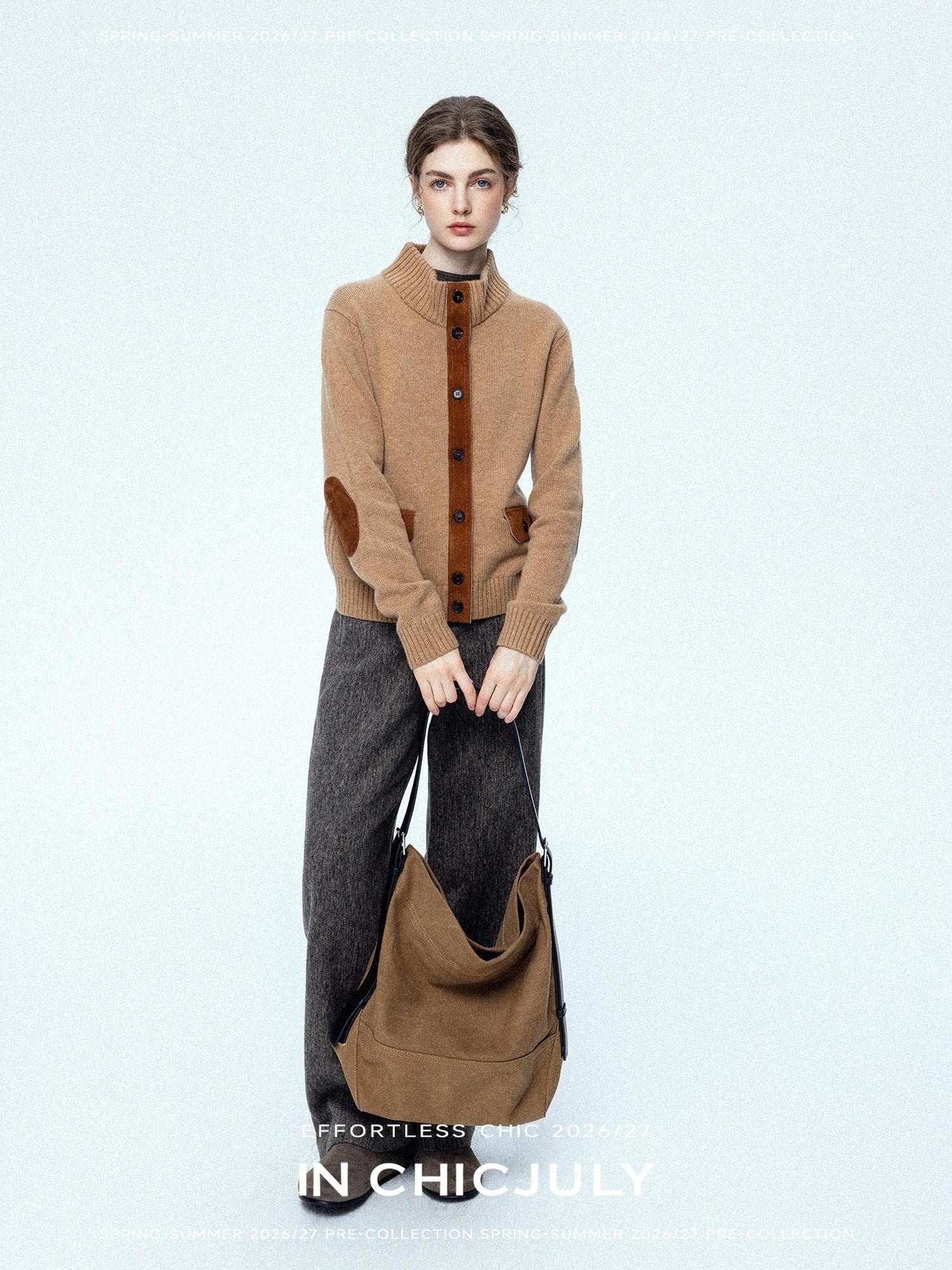 chicjuly Ebony Brown Snowflake Dot Draped Women's Wool Blend Casual Straight Pants