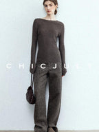 chicjuly Ebony Brown Snowflake Dot Draped Women's Wool Blend Casual Straight Pants
