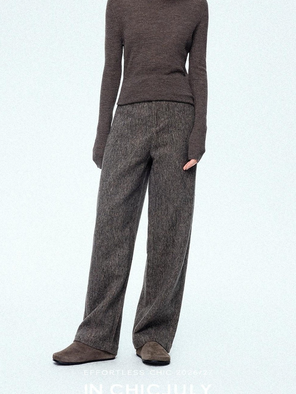 chicjuly Ebony Brown Snowflake Dot Draped Women's Wool Blend Casual Straight Pants
