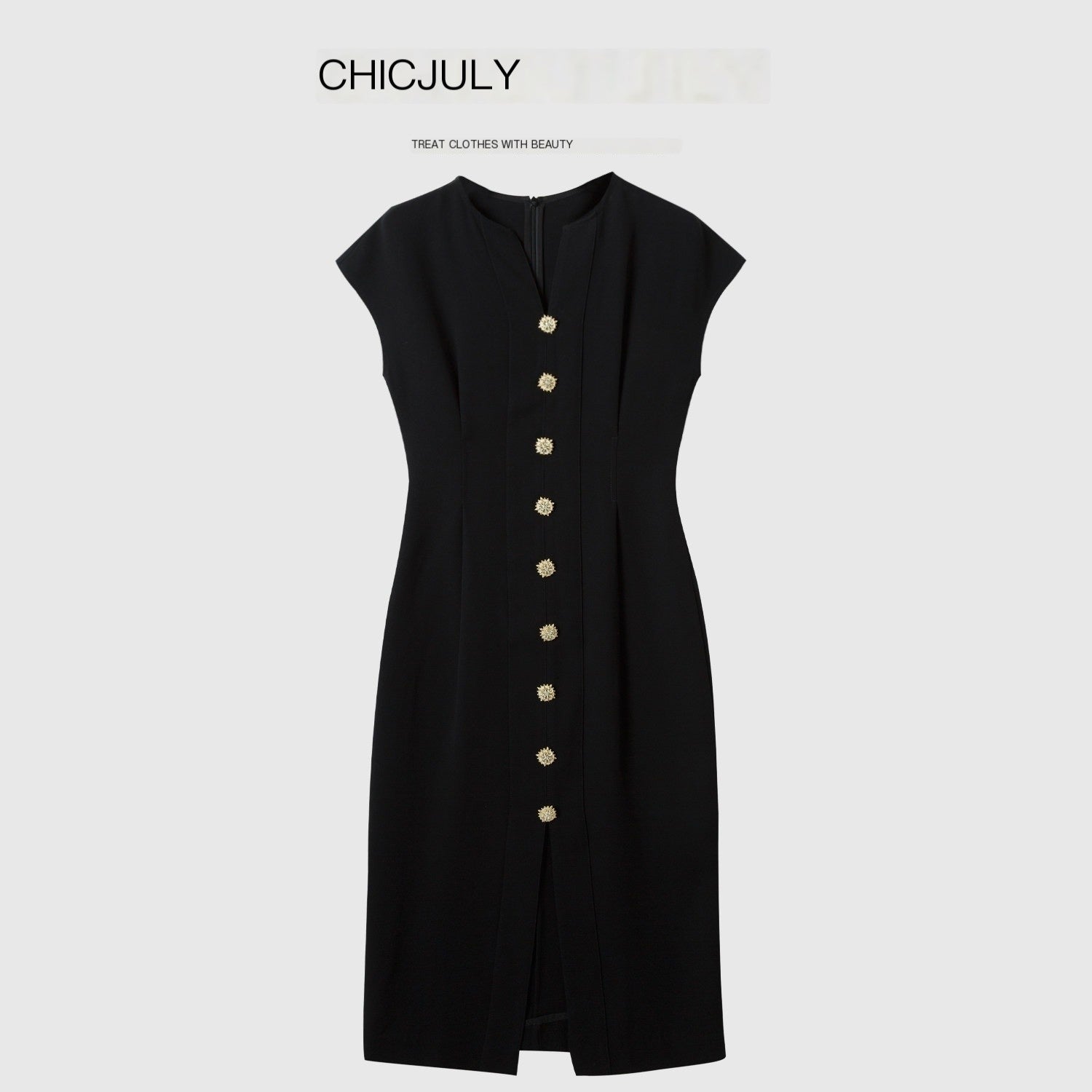 chicjuly Elegant Black 3d Lines Mother Pearl Buttons Women's Acetate Midi Dresses 762949315165