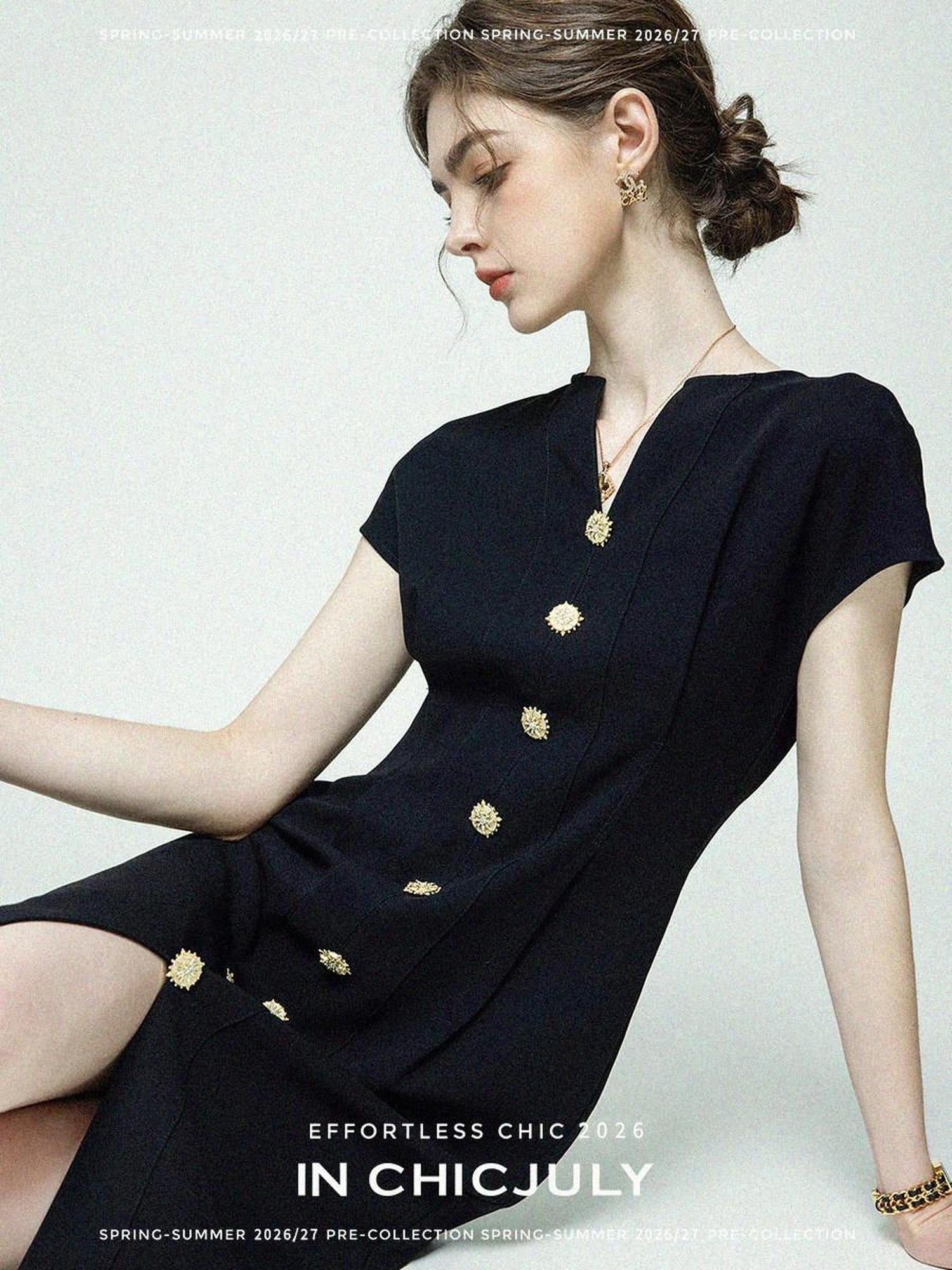 chicjuly Elegant Black 3d Lines Mother Pearl Buttons Women's Acetate Midi Dresses
