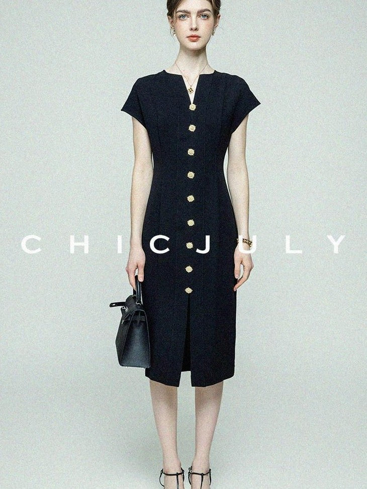 chicjuly Elegant Black 3d Lines Mother Pearl Buttons Women's Acetate Midi Dresses