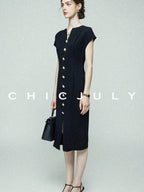 chicjuly Elegant Black 3d Lines Mother Pearl Buttons Women's Acetate Midi Dresses