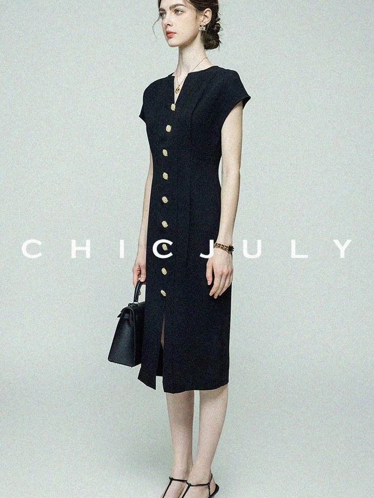 chicjuly Elegant Black 3d Lines Mother Pearl Buttons Women's Acetate Midi Dresses