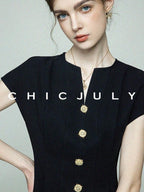 chicjuly Elegant Black 3d Lines Mother Pearl Buttons Women's Acetate Midi Dresses