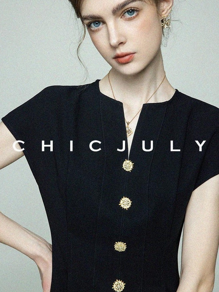chicjuly Elegant Black 3d Lines Mother Pearl Buttons Women's Acetate Midi Dresses