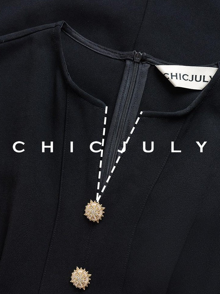 chicjuly Elegant Black 3d Lines Mother Pearl Buttons Women's Acetate Midi Dresses
