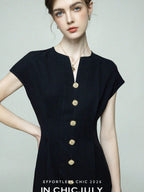 chicjuly Elegant Black 3d Lines Mother Pearl Buttons Women's Acetate Midi Dresses
