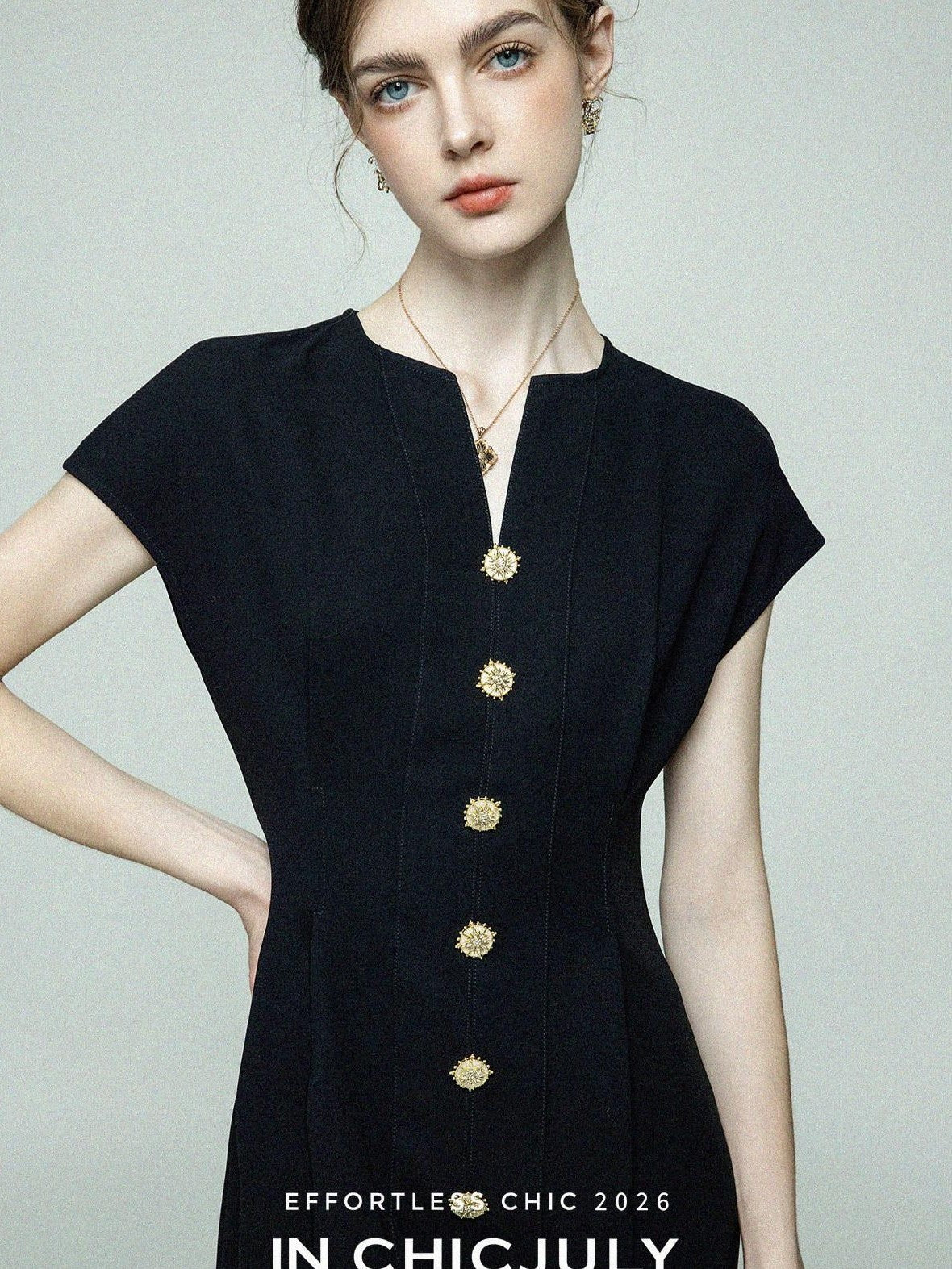 chicjuly Elegant Black 3d Lines Mother Pearl Buttons Women's Acetate Midi Dresses