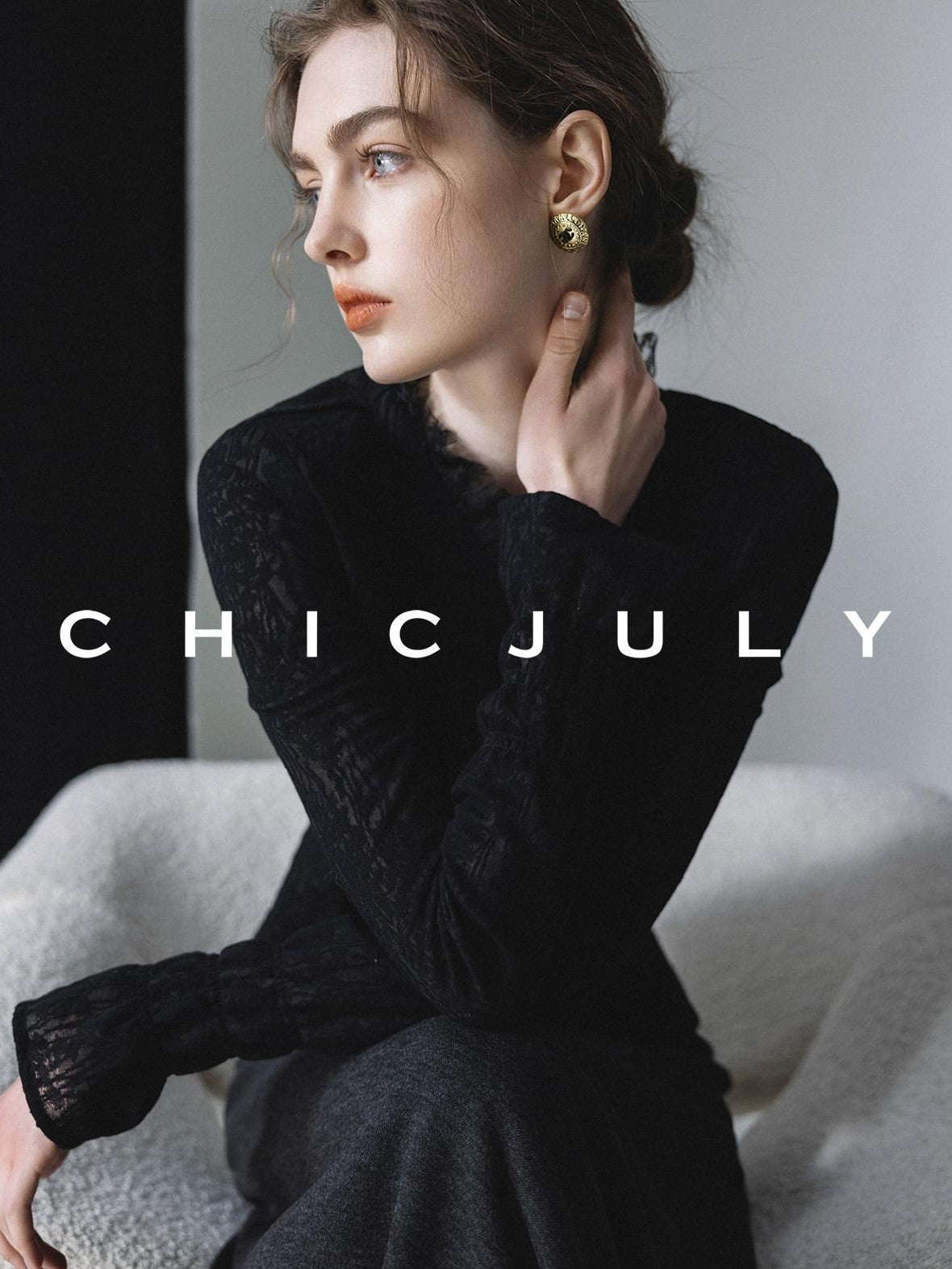 chicjuly Elegant Lace V-neck Women's Cotton Cupro Long Sleeve T-shirts