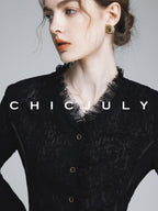 chicjuly Elegant Lace V-neck Women's Cotton Cupro Long Sleeve T-shirts