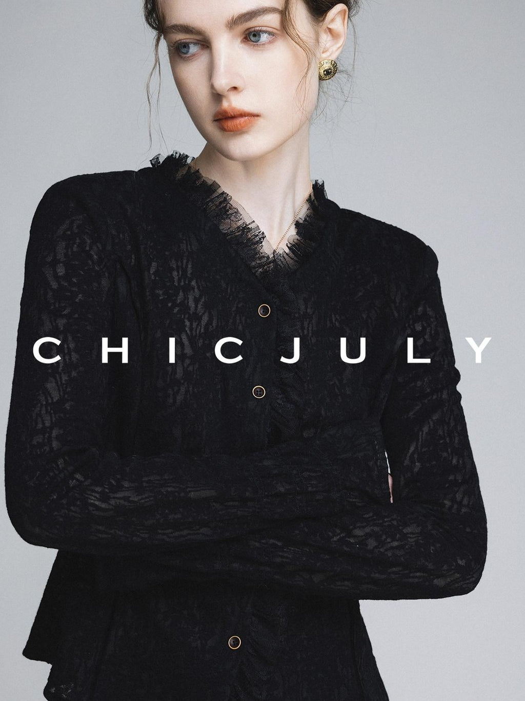 chicjuly Elegant Lace V-neck Women's Cotton Cupro Long Sleeve T-shirts