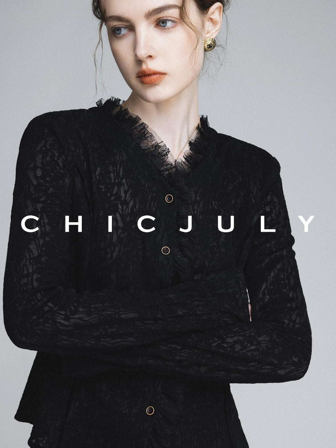 chicjuly Elegant Lace V-neck Women's Cotton Cupro Long Sleeve T-shirts