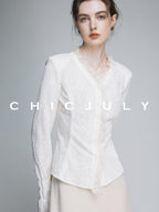 chicjuly Elegant Lace V-neck Women's Cotton Cupro Long Sleeve T-shirts