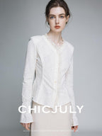chicjuly Elegant Lace V-neck Women's Cotton Cupro Long Sleeve T-shirts