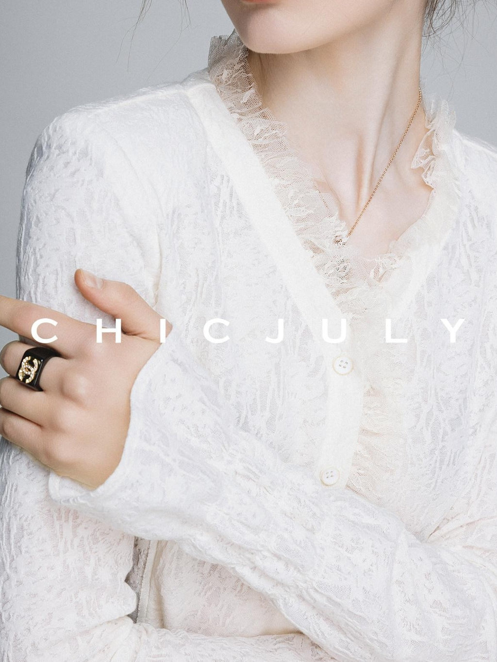 chicjuly Elegant Lace V-neck Women's Cotton Cupro Long Sleeve T-shirts