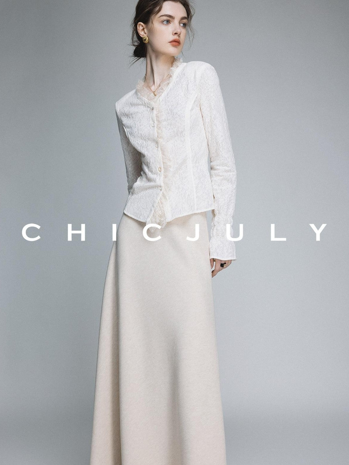chicjuly Elegant Lace V-neck Women's Cotton Cupro Long Sleeve T-shirts