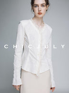 chicjuly Elegant Lace V-neck Women's Cotton Cupro Long Sleeve T-shirts