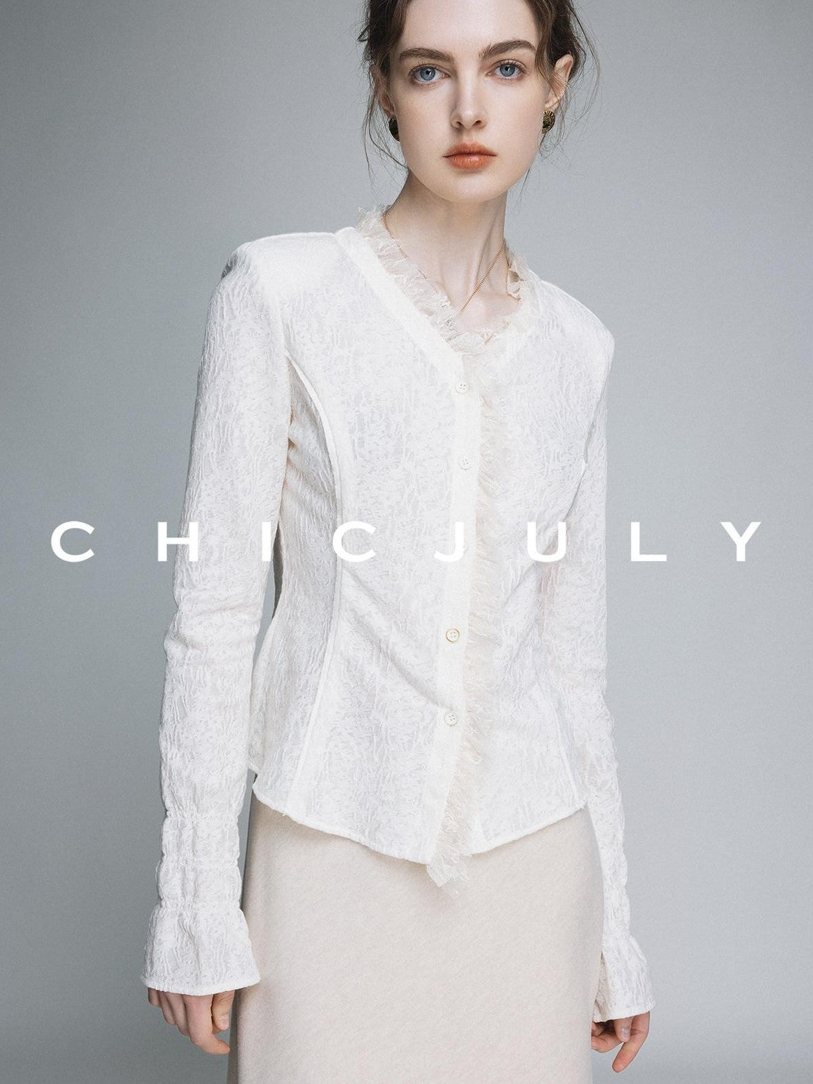 chicjuly Elegant Lace V-neck Women's Cotton Cupro Long Sleeve T-shirts