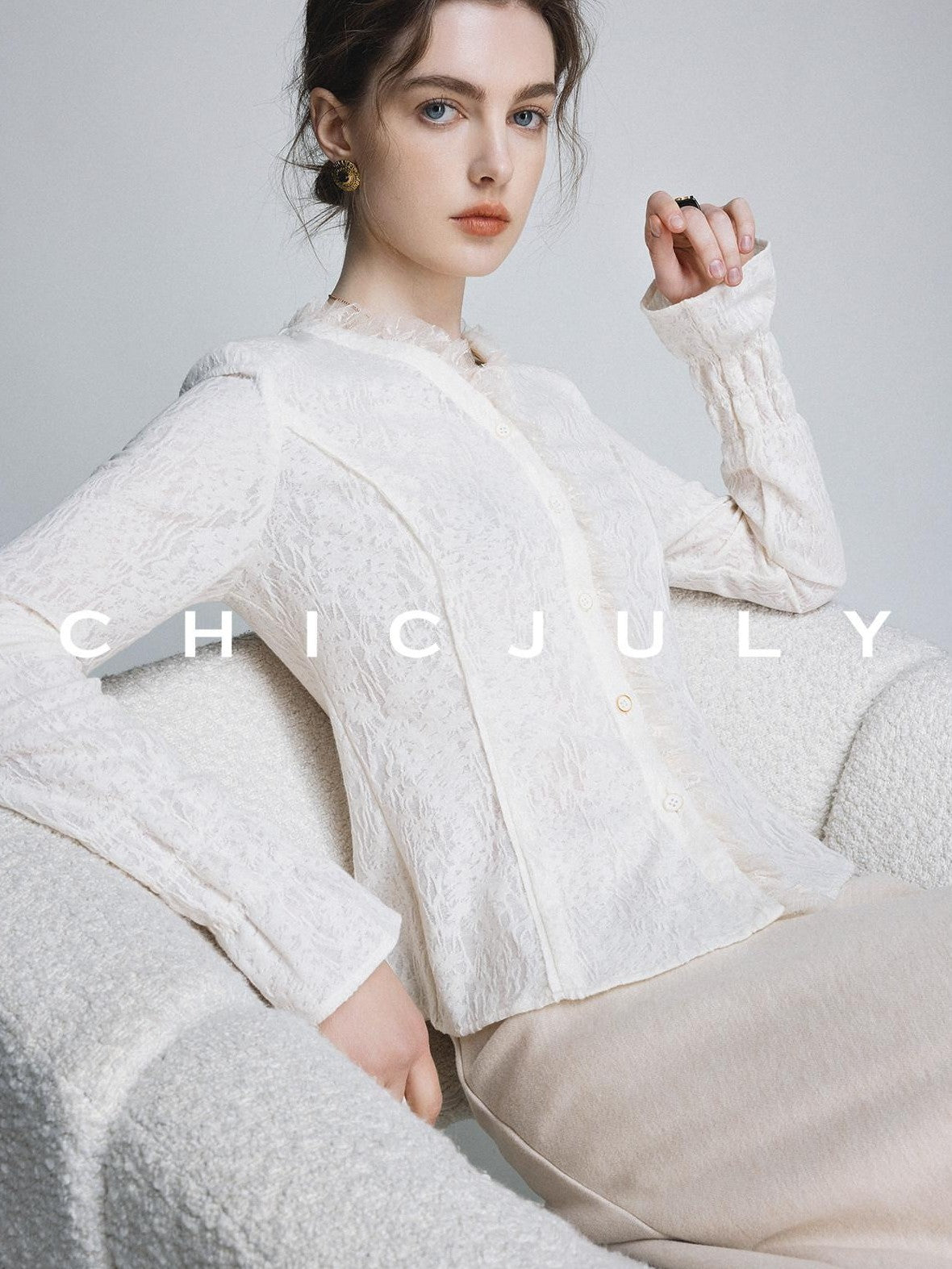 chicjuly Elegant Lace V-neck Women's Cotton Cupro Long Sleeve T-shirts