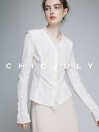 chicjuly Elegant Lace V-neck Women's Cotton Cupro Long Sleeve T-shirts