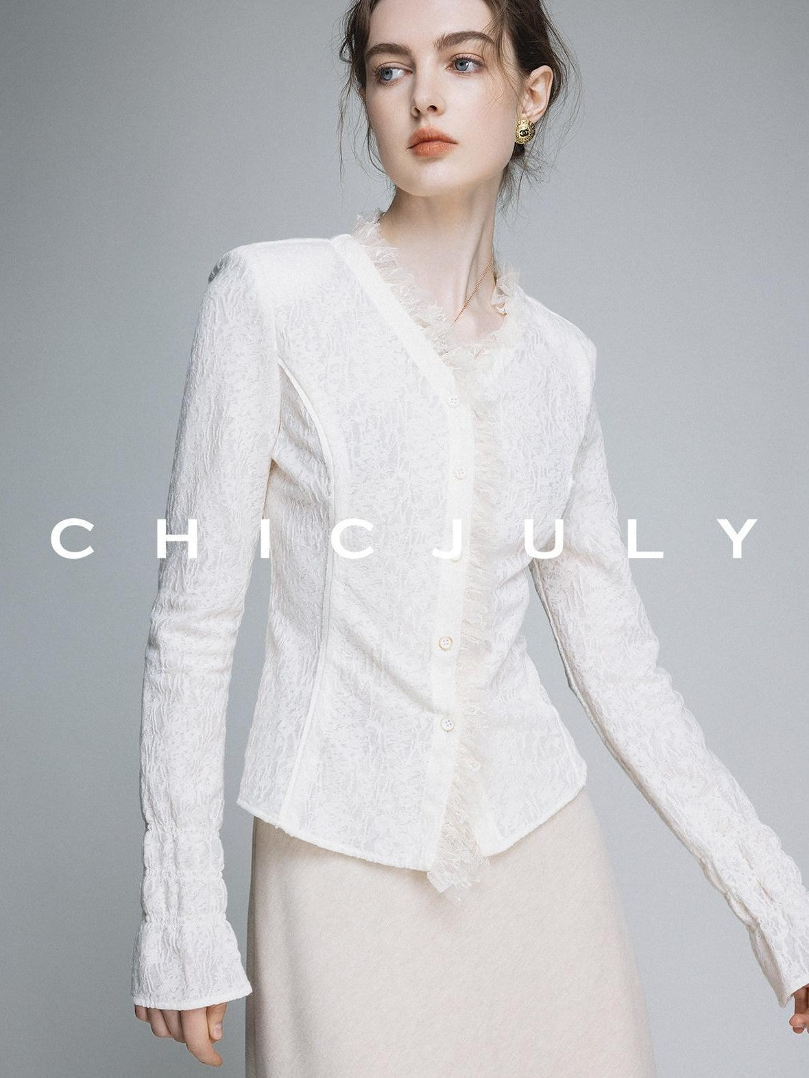 chicjuly Elegant Lace V-neck Women's Cotton Cupro Long Sleeve T-shirts