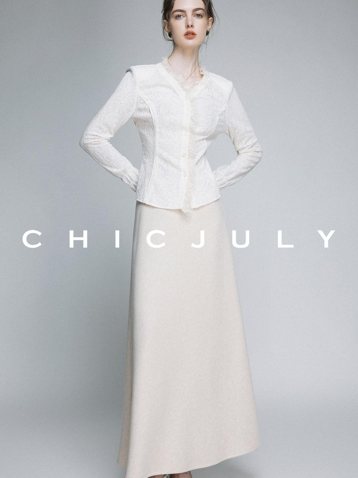chicjuly Elegant Lace V-neck Women's Cotton Cupro Long Sleeve T-shirts