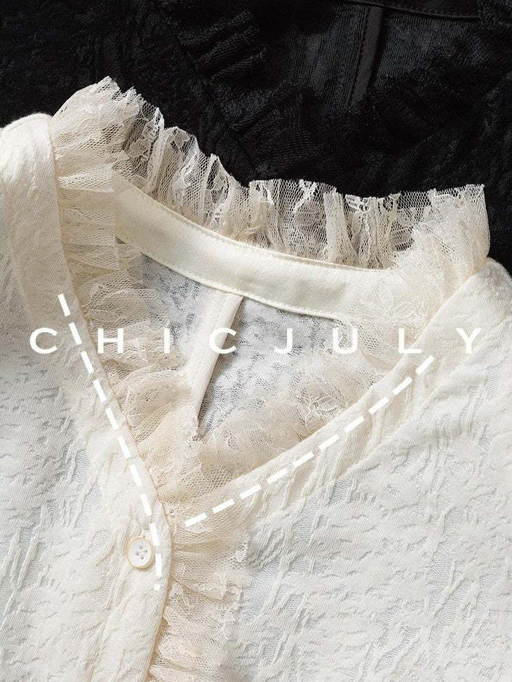 chicjuly Elegant Lace V-neck Women's Cotton Cupro Long Sleeve T-shirts
