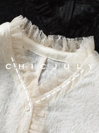 chicjuly Elegant Lace V-neck Women's Cotton Cupro Long Sleeve T-shirts