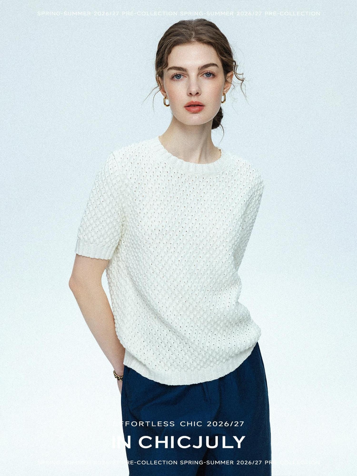 chicjuly Elegant White 3d Check Jacquard Knit Women's Cotton Short Sleeve T-shirts