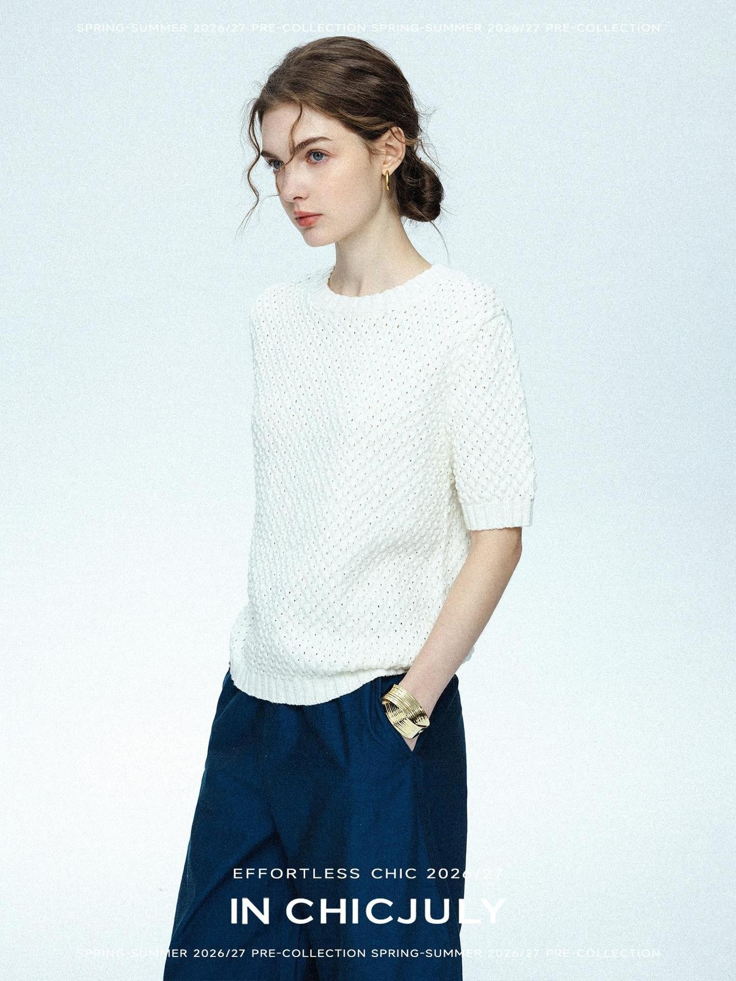chicjuly Elegant White 3d Check Jacquard Knit Women's Cotton Short Sleeve T-shirts
