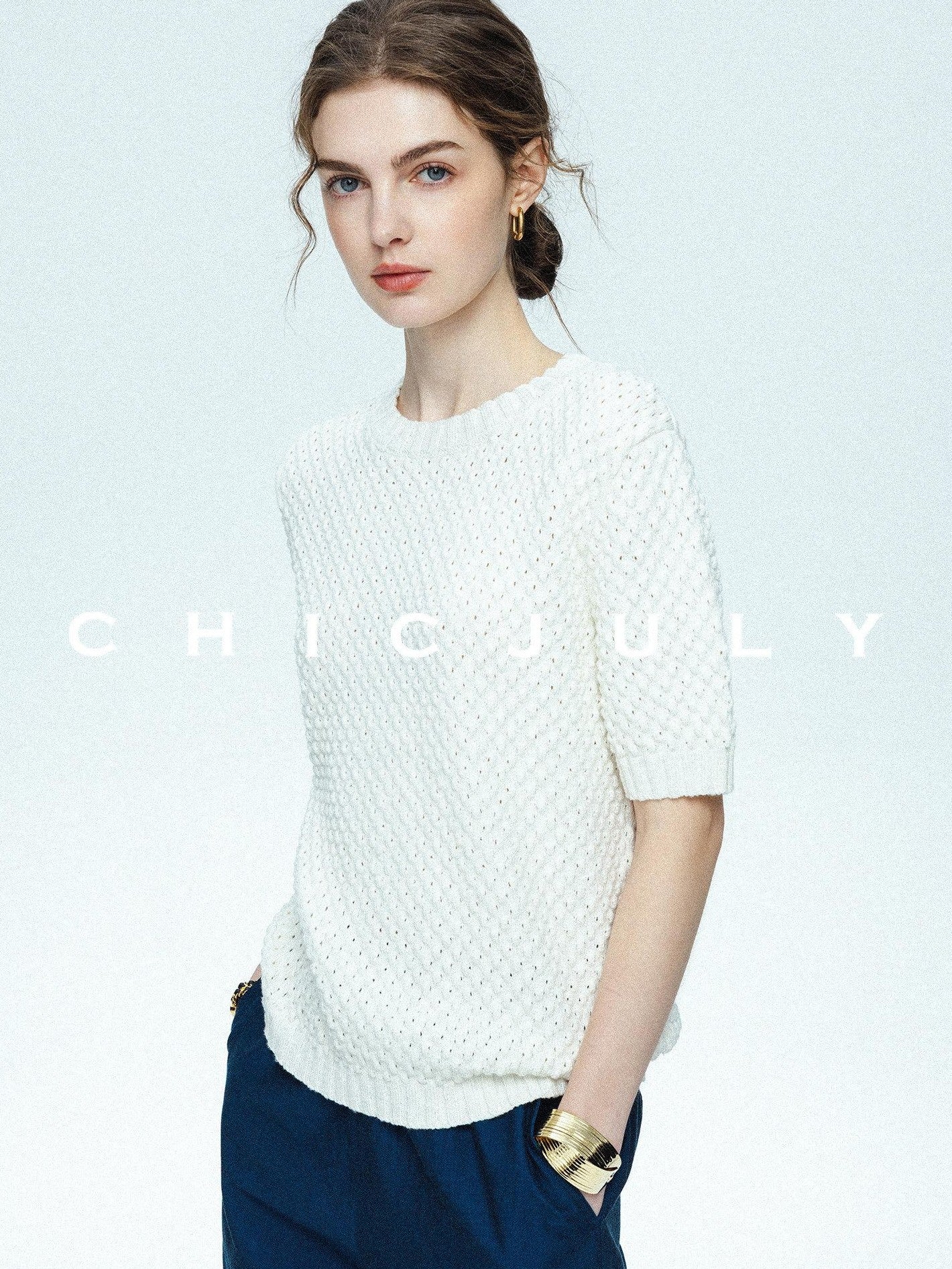 chicjuly Elegant White 3d Check Jacquard Knit Women's Cotton Short Sleeve T-shirts