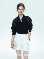 chicjuly Embossed Texture Contrast Trim A Line Women's Short Trousers