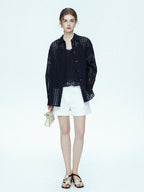 chicjuly Embossed Texture Contrast Trim A Line Women's Short Trousers