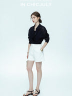 chicjuly Embossed Texture Contrast Trim A Line Women's Short Trousers