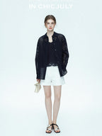chicjuly Embossed Texture Contrast Trim A Line Women's Short Trousers