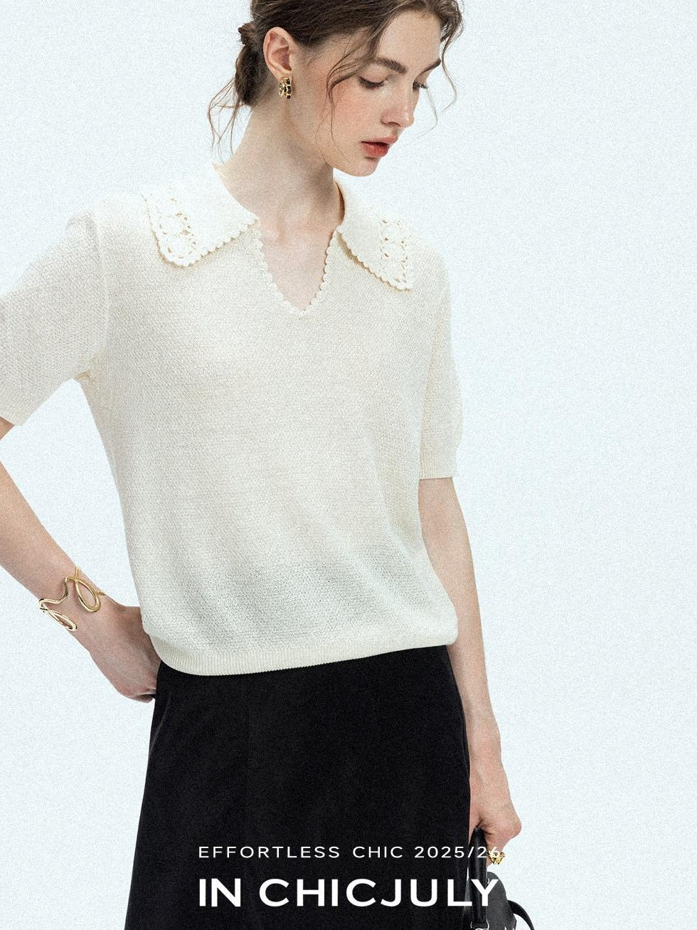 chicjuly Embroidered Floral Crochet Collar Knit Women's Wool Linen Short Sleeve T-shirts