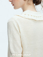 chicjuly Embroidered Floral Crochet Collar Knit Women's Wool Linen Short Sleeve T-shirts