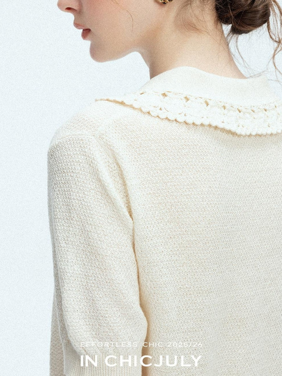 chicjuly Embroidered Floral Crochet Collar Knit Women's Wool Linen Short Sleeve T-shirts