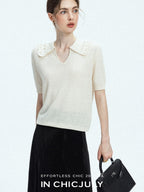 chicjuly Embroidered Floral Crochet Collar Knit Women's Wool Linen Short Sleeve T-shirts