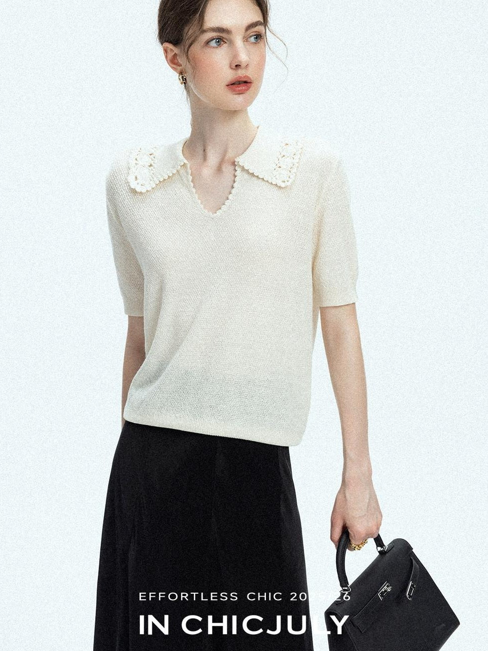 chicjuly Embroidered Floral Crochet Collar Knit Women's Wool Linen Short Sleeve T-shirts