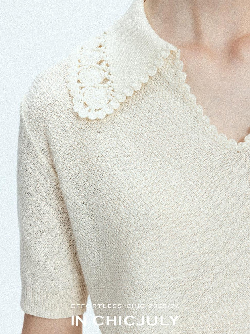 chicjuly Embroidered Floral Crochet Collar Knit Women's Wool Linen Short Sleeve T-shirts