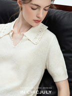 chicjuly Embroidered Floral Crochet Collar Knit Women's Wool Linen Short Sleeve T-shirts