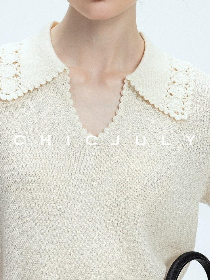 chicjuly Embroidered Floral Crochet Collar Knit Women's Wool Linen Short Sleeve T-shirts