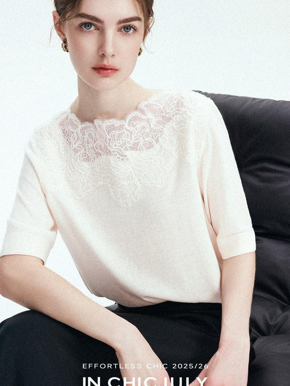 chicjuly Ethereal Water Soluble Lace Knit Women's Pure Wool Short Sleeve T-shirts