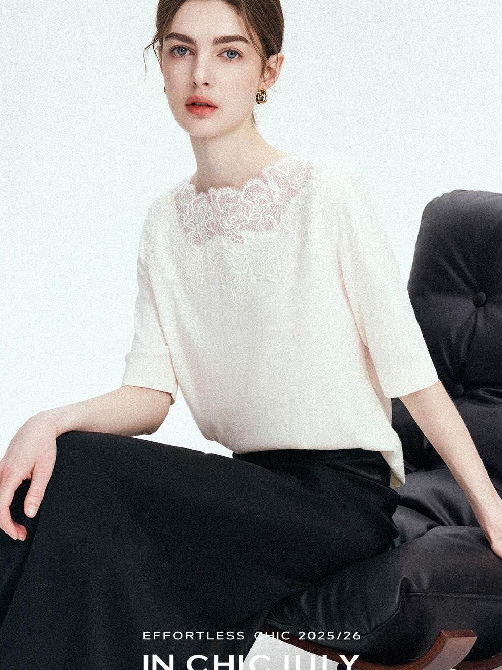 chicjuly Ethereal Water Soluble Lace Knit Women's Pure Wool Short Sleeve T-shirts