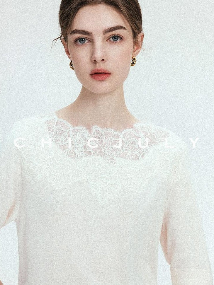 chicjuly Ethereal Water Soluble Lace Knit Women's Pure Wool Short Sleeve T-shirts