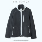 chicjuly Fleece Stand Collar Zipper Cropped Straight Women's Polyester Casual Jackets 1011802561109